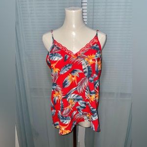 Pink Rose tropical cami with lace trim and adjustable straps. Size large